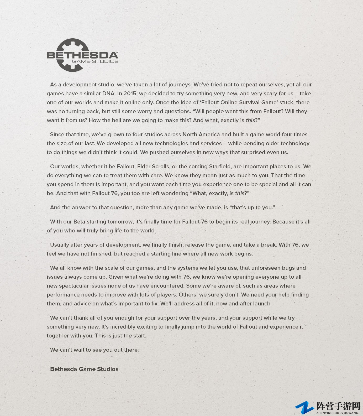 《辐射76》B测开放在即 B社发信向玩家致谢